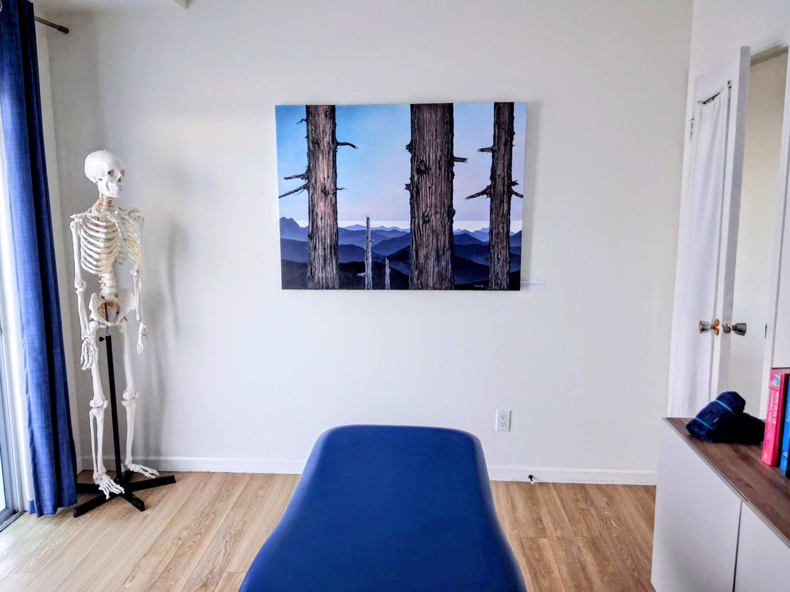 A treatment room with an anatomical skeleton model used to explain findings.